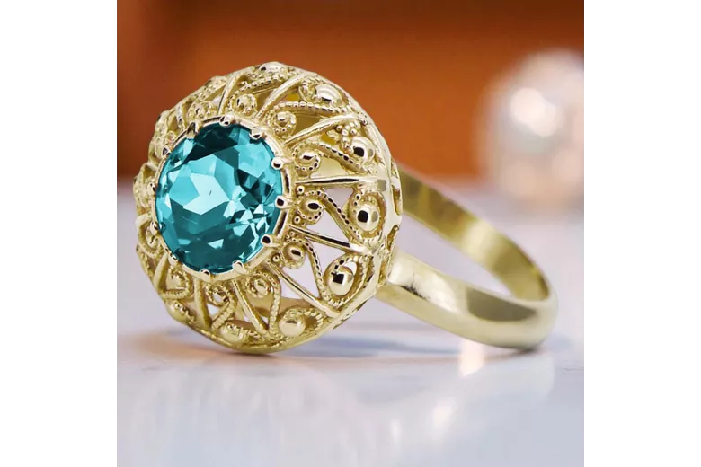 Пръстен Винтидж бижута Аквамарин 14K жълто злато vrc059y